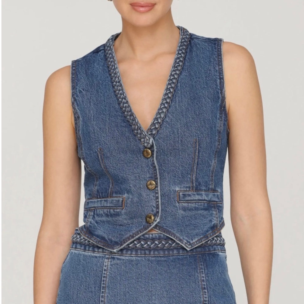 Avec Les Filles Denim Braided Trim Vest Highside Wash SZ XL